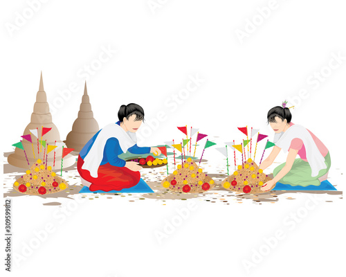 two woman with sand pagodas vector design