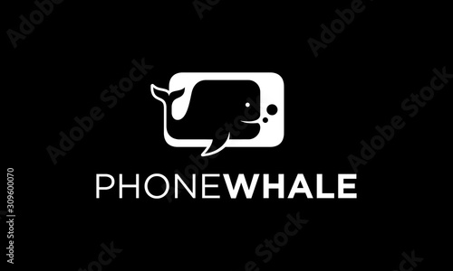 Black white negative space logo combination from phone or mobile with whale