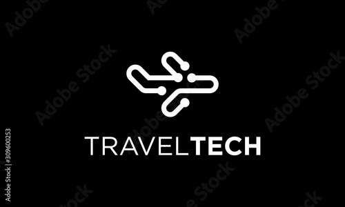 Black White plane travel technology logo design concept
