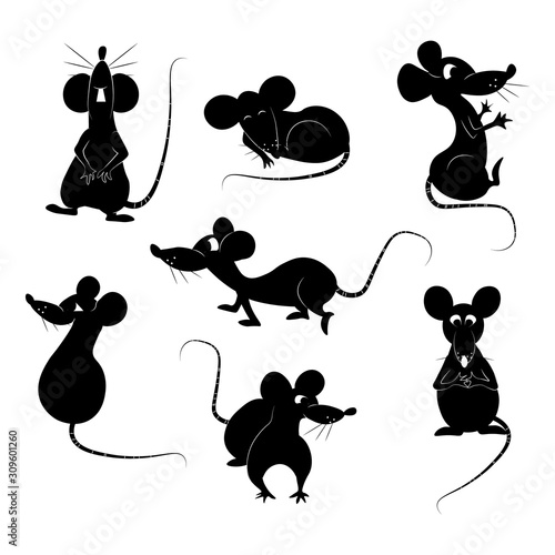 Set of rats black silhouettes, isolated on white. Symbols of 2020 Chinese New Year. Cartoon rats set for design. Vector illustration of funny collection mouse in various poses and actions.