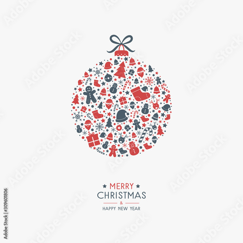 Beautiful Xmas greeting card. Christmas ball made of festive icons. Vector