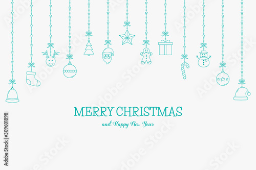 Christmas background with hanging ornaments and wishes. Xmas greeting card with decorations. Vector