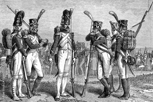 Uniforms of Imperial Guard: Hunter, rifleman, grenadier, shooter, cadet and light hunter. Napoleonic wars. Antique illustration. 1890.