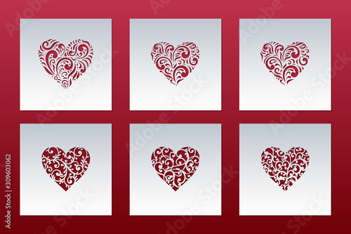Laser cut cards set with hearts of lace pattern. Panel templates for interior design, layouts wedding cards, invitations, Valentine's Day cards. Vector Valentine background.