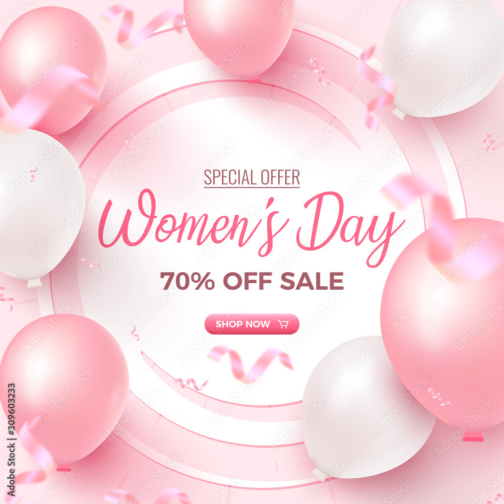 Women's Day Special Offer. 70% Off Sale card design with white frame, pink and white air balloons on rosy background - obrazy, fototapety, plakaty 