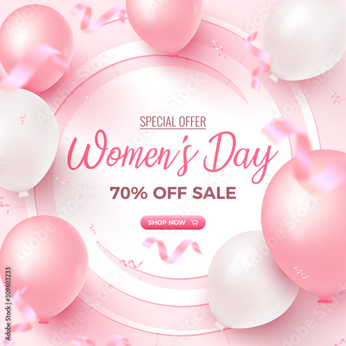 Women's Day Special Offer. 70% Off Sale card design with white frame, pink and white air balloons on rosy background
