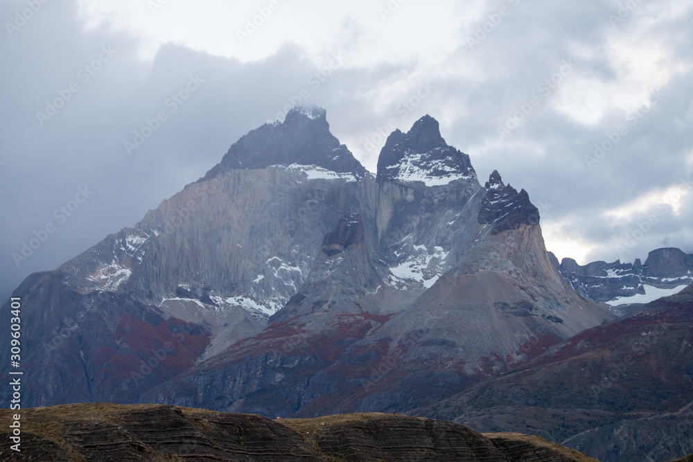 View of the Torres del Paine mountains in autumn, Torres del Paine National Park, Chile