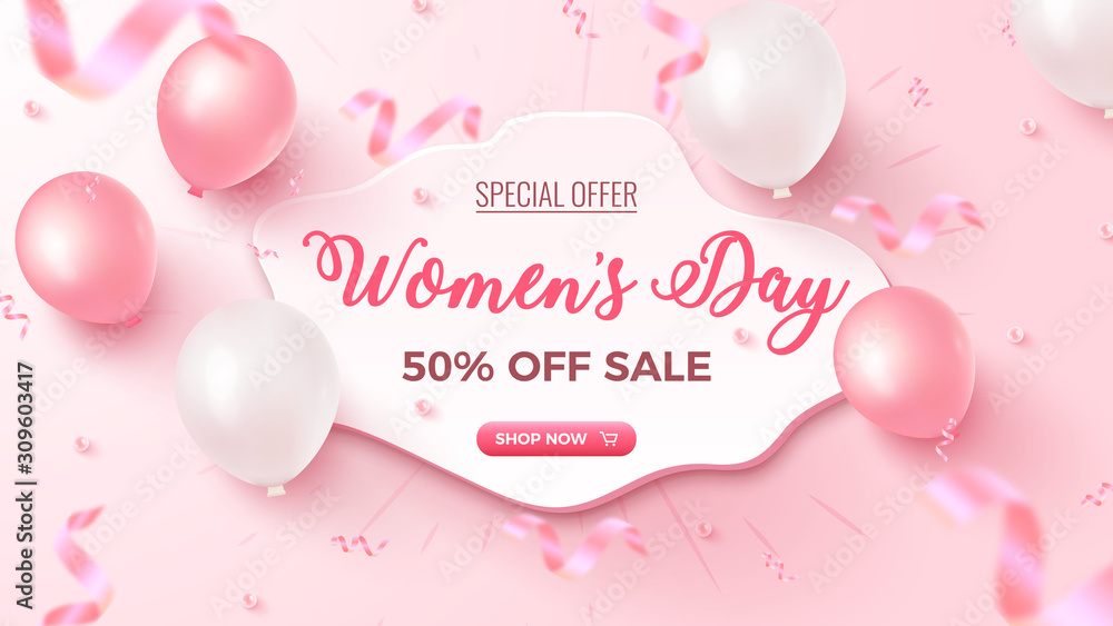 Women's Day Special Offer. 50% Off Sale banner design with white frame, pink and white air balloons on rosy background - obrazy, fototapety, plakaty 