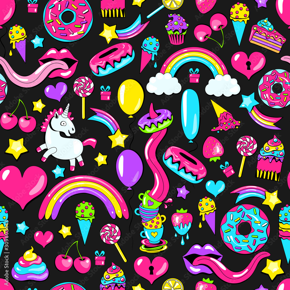 crazy doodle sweet pattern. unicorns, rainbows, donuts and sweets. fairy seamless pattern. Texture for fabric, wrapping, wallpaper. Decorative print.