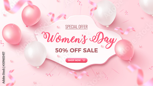 Women's Day Special Offer. 50% Off Sale banner design with white frame, pink and white air balloons on rosy background