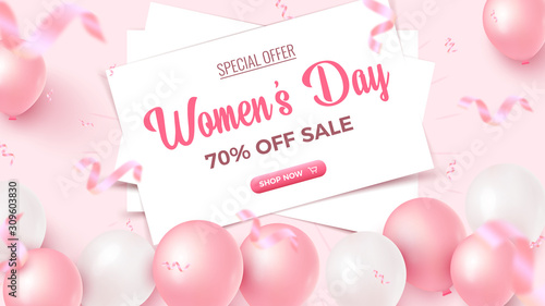 Women's Day Special Offer. 70% Off Sale banner design with white frame, pink and white air balloons on rosy background