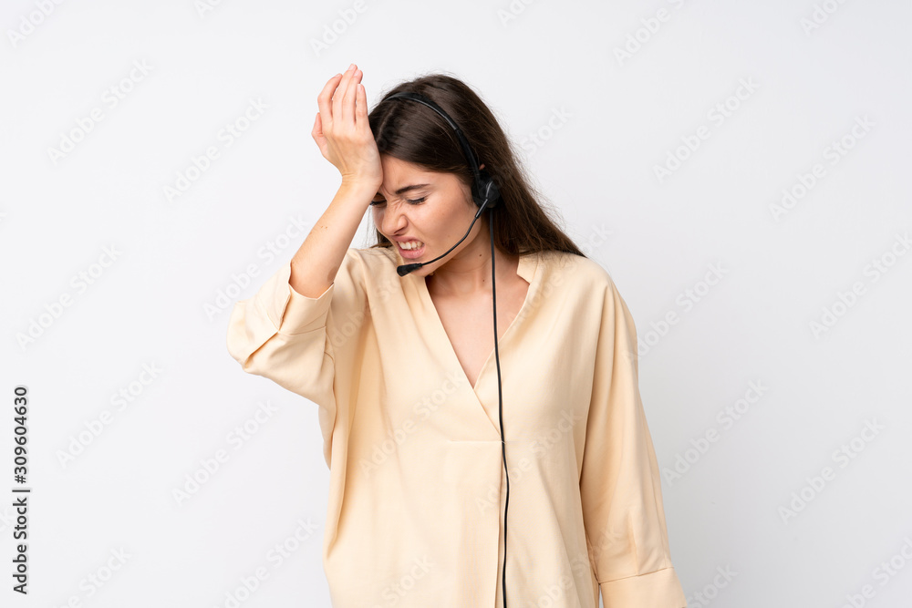 Young telemarketer woman over isolated white background having doubts with confuse face expression Young telemarketer woman over isolated white background having doubts with confuse face expression