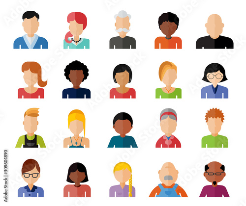 Set of people avatar flat design icons. Diverse faces. Vector illustration of flat design people characters.