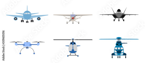 Airplane, Helicopter and drone symbols presented as flat icons. Icon set of flying transportation and flying objects. Flying machines.