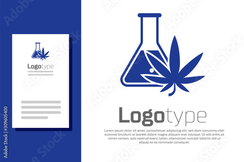 Blue Chemical test tube with marijuana or cannabis leaf icon isolated on white background. Research concept. Laboratory CBD oil concept. Logo design template element. Vector Illustration
