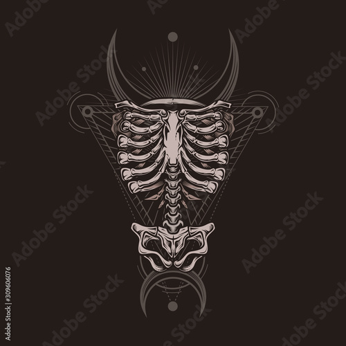 Skeleton torso poster. Stylish, hand drawn vector illustration in engraving technique of ribcage, spine and hipbones with sacred geometry on dark background. Occult poster, t-shirt print, cover.