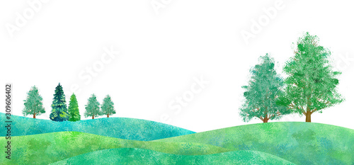 新緑の平原の風景、水彩イラスト