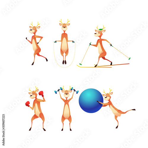 Vector funny flat reindeer doing sports set