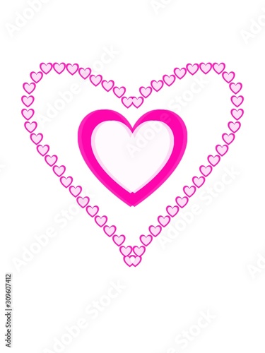 Frame in the shape of a pink heart. Free space, heart on a white background, handmade symmetrical lines for invitation card for the holiday. Label, packaging, wrapping paper, scrapbooking paper.