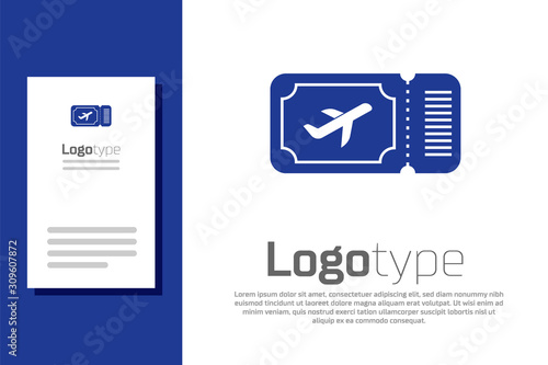Blue Airline ticket icon isolated on white background. Plane ticket. Logo design template element. Vector Illustration