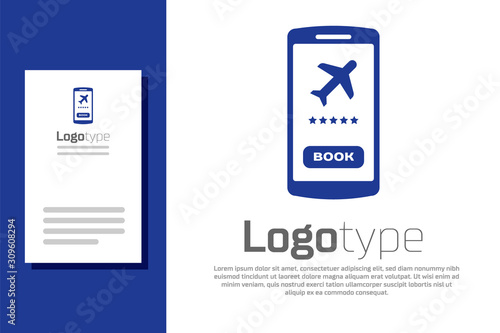 Blue Smartphone with electronic boarding pass airline ticket icon isolated on white background. Passenger plane mobile ticket for web and app. Logo design template element. Vector Illustration