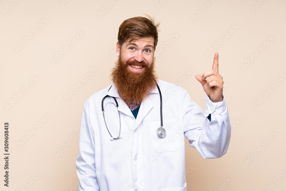 Redhead man with long beard over isolated background with doctor gown and pointing side Redhead man with long beard over isolated background with doctor gown and pointing side