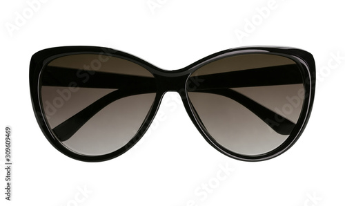 Stylish women's sunglasses with a black plastic frame isolated on a white background. Front view.