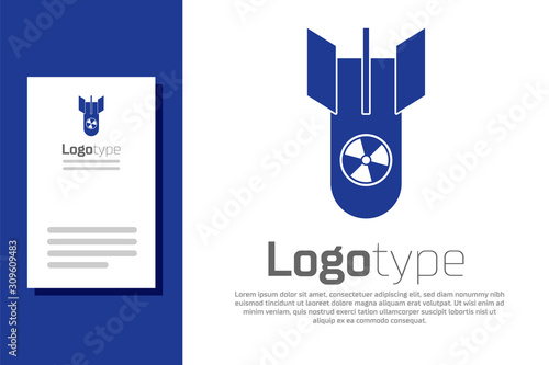 Blue Nuclear bomb icon isolated on white background. Rocket bomb flies down. Logo design template element. Vector Illustration