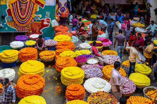 Indian Bangalore flower market with many colours photo