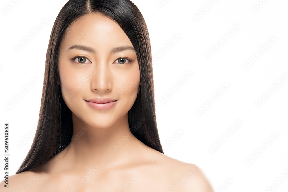 Beautiful Young Asian Woman with Clean Fresh Skin. Face care, Facial treatment, on white background, Beauty and Cosmetics Concept. Beautiful Young Asian Woman with Clean Fresh Skin. Face care, Facial treatment, on white background, Beauty and Cosmetics Concept.
