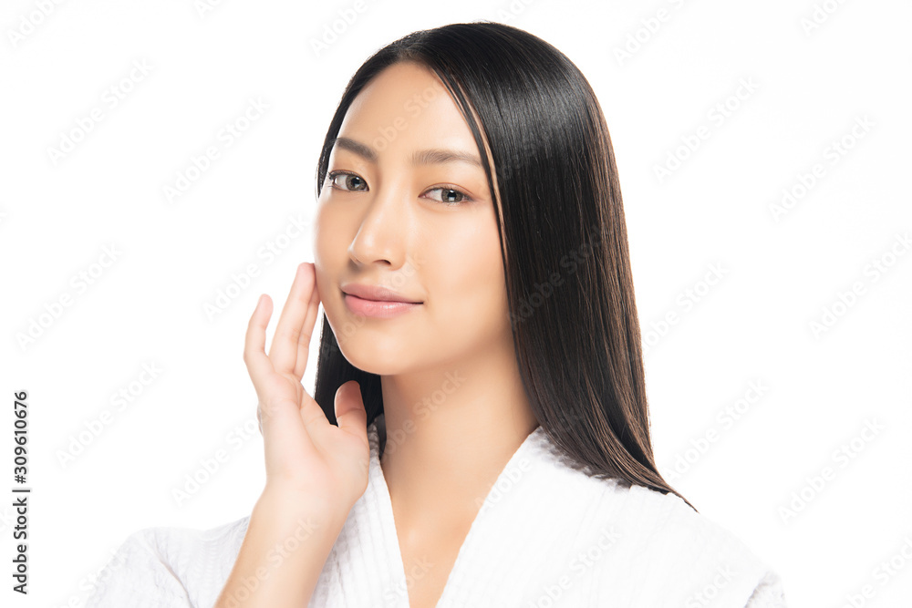 Beautiful Young Asian Woman with Clean Fresh Skin. Face care, Facial treatment, on white background, Beauty and Cosmetics Concept. Beautiful Young Asian Woman with Clean Fresh Skin. Face care, Facial treatment, on white background, Beauty and Cosmetics Concept.