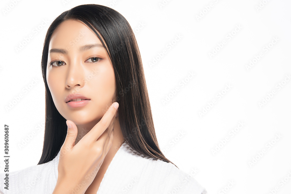 Beautiful Young Asian Woman with Clean Fresh Skin. Face care, Facial treatment, on white background, Beauty and Cosmetics Concept. Beautiful Young Asian Woman with Clean Fresh Skin. Face care, Facial treatment, on white background, Beauty and Cosmetics Concept.