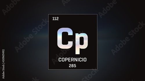 3D illustration of Copernicium as Element 112 of the Periodic Table. Grey illuminated atom design background with orbiting electrons. Name, atomic weight, element number in Spanish language