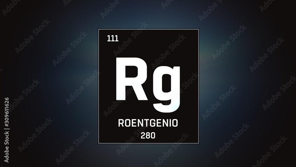 3D illustration of Roentgenium as Element 111 of the Periodic Table. Grey illuminated atom design background with orbiting electrons. Name, atomic weight, element number in Spanish language 3D illustration of Roentgenium as Element 111 of the Periodic Table. Grey illuminated atom design background with orbiting electrons. Name, atomic weight, element number in Spanish language