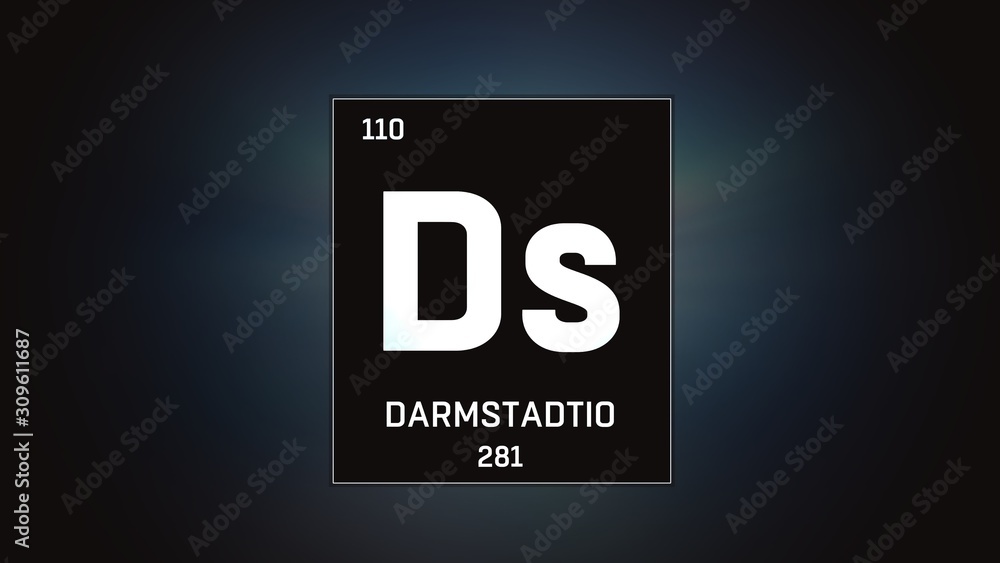 3D illustration of Darmstadtium as Element 110 of the Periodic Table. Grey illuminated atom design background with orbiting electrons. Name, atomic weight, element number in Spanish language 3D illustration of Darmstadtium as Element 110 of the Periodic Table. Grey illuminated atom design background with orbiting electrons. Name, atomic weight, element number in Spanish language