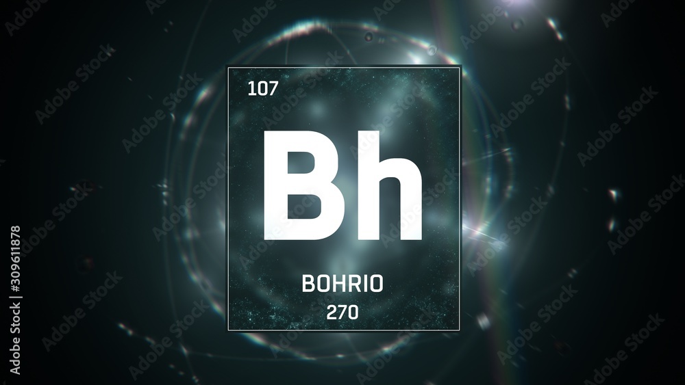 3D illustration of Bohrium as Element 107 of the Periodic Table. Green illuminated atom design background with orbiting electrons. Name, atomic weight, element number in Spanish language 3D illustration of Bohrium as Element 107 of the Periodic Table. Green illuminated atom design background with orbiting electrons. Name, atomic weight, element number in Spanish language
