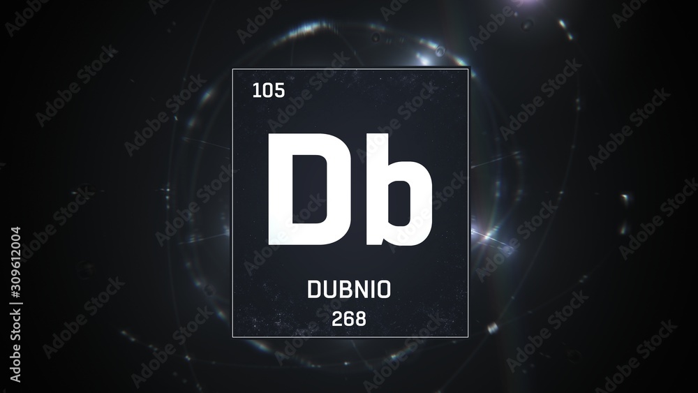 3D illustration of Dubnium as Element 105 of the Periodic Table. Silver illuminated atom design background with orbiting electrons. Name, atomic weight, element number in Spanish language 3D illustration of Dubnium as Element 105 of the Periodic Table. Silver illuminated atom design background with orbiting electrons. Name, atomic weight, element number in Spanish language