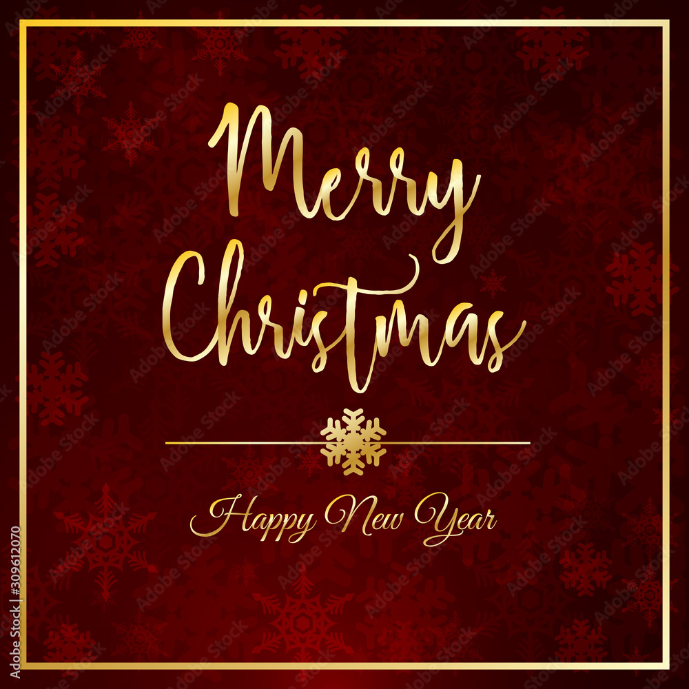 Exclusive and elegant Christmas card design with red background and snowflakes. Merry Christmas and Happy New Year text in gold. Square format. 
