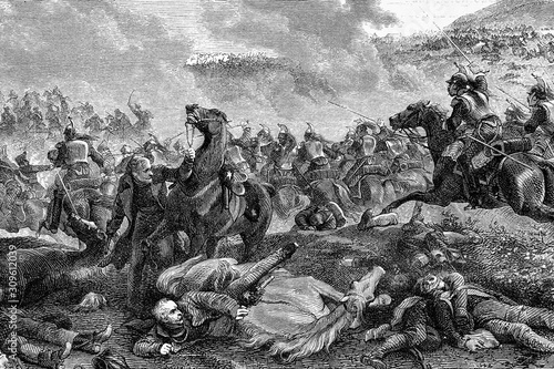End of battle of Ligny: general Blucher shot down by the burden of the cuirassiers. 16th June1815. Part of the Waterloo campaign. Antique illustration. 1890.