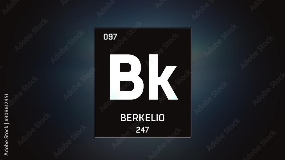 3D illustration of Berkelium as Element 97 of the Periodic Table. Grey illuminated atom design background with orbiting electrons. Name, atomic weight, element number in Spanish language 3D illustration of Berkelium as Element 97 of the Periodic Table. Grey illuminated atom design background with orbiting electrons. Name, atomic weight, element number in Spanish language