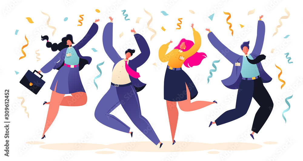 Happy colleagues, business people, managers team celebrating success or corporate holiday. Young people men and women jumping and dancing with hands up. Cartoon flat vector illustration.