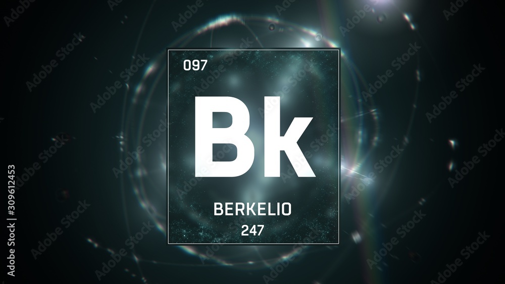 3D illustration of Berkelium as Element 97 of the Periodic Table. Green illuminated atom design background with orbiting electrons. Name, atomic weight, element number in Spanish language 3D illustration of Berkelium as Element 97 of the Periodic Table. Green illuminated atom design background with orbiting electrons. Name, atomic weight, element number in Spanish language