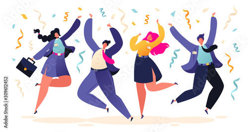 Happy colleagues, business people, managers team celebrating success or corporate holiday. Young people men and women jumping and dancing with hands up. Cartoon flat vector illustration.