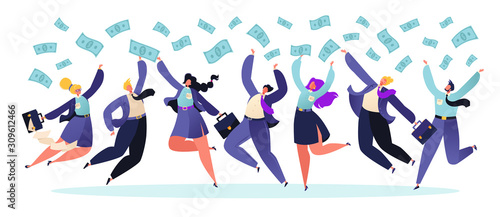 Business people bounce trying to catch money. The concept of achieving success, enrichment, determination. Banknotes fall on people. Business strategy profit concept. Vector flat cartoon illustration