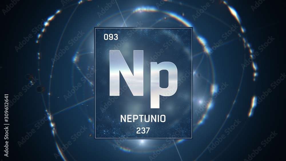 3D illustration of Neptunium as Element 93 of the Periodic Table. Blue illuminated atom design background with orbiting electrons. Name, atomic weight, element number in Spanish language