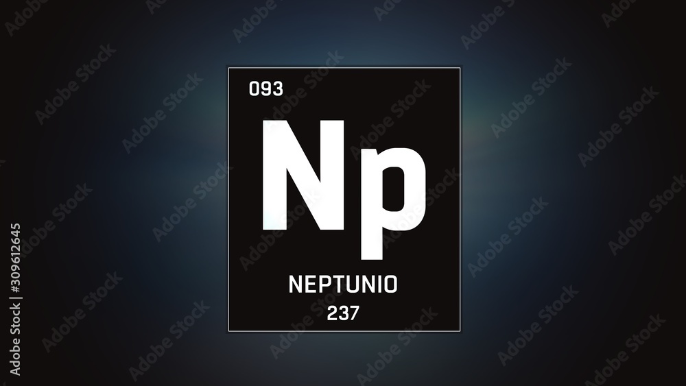 3D illustration of Neptunium as Element 93 of the Periodic Table. Grey illuminated atom design background with orbiting electrons. Name, atomic weight, element number in Spanish language 3D illustration of Neptunium as Element 93 of the Periodic Table. Grey illuminated atom design background with orbiting electrons. Name, atomic weight, element number in Spanish language