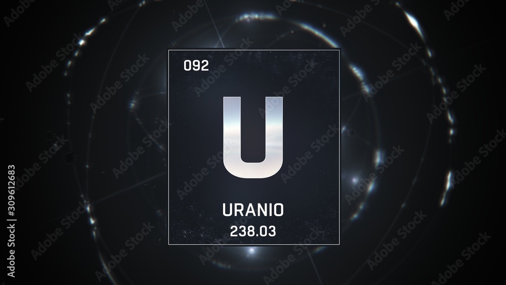Elemento 92 3D illustration of Uranium as Element 92 of the Periodic Table. Silver ...