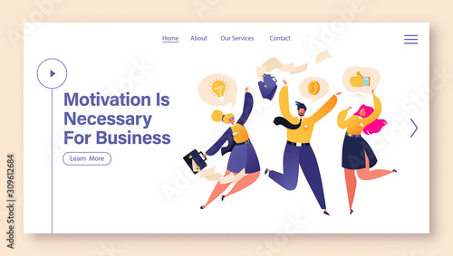 Motivation concept for landing page tamplate. Flat cartoon business people happy, they jumping and dancing. Characters having fun, throwing briefcases into the air, papers fly apart.  