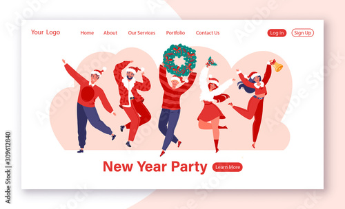 Concept of landing page on New Year party and Christmas celebration theme. Template for website or web page with group of young joyful jumping people with raised hands.  Happy positive laughing people