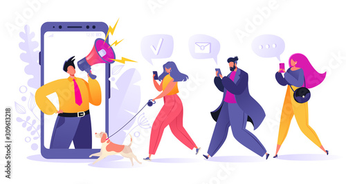 Refer a friend, influencer, marketing, social media, promotion and SMM concept. Cartoon flat style vector illustration for internet advertisement. Man with megaphone and young people with mobile phone